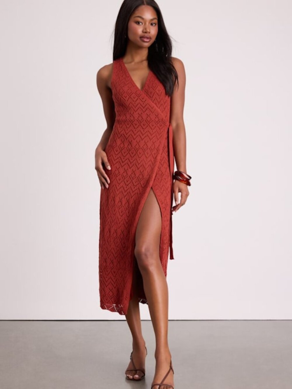 Lulus Livia Rust Red Pointelle Knit Wrap Midi Dress - Size S